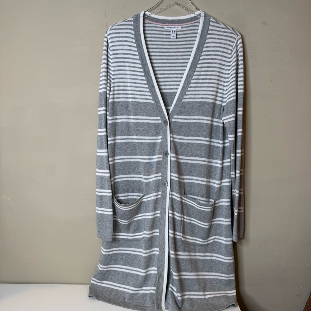 Isaac Mizrahi Striped Cardigan Gray White Sweater Duster Cardigan size large